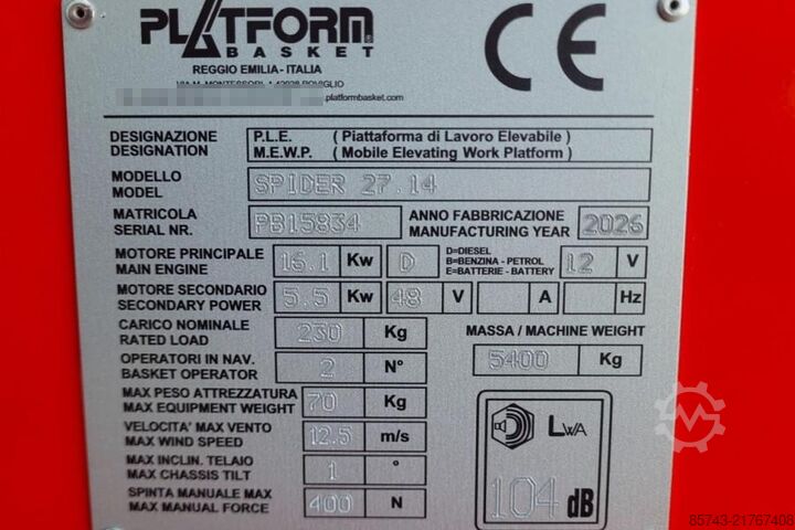 Articulated boom lift Platform Basket Spider 27.14 CE Declaration, Valid inspection, *Gu