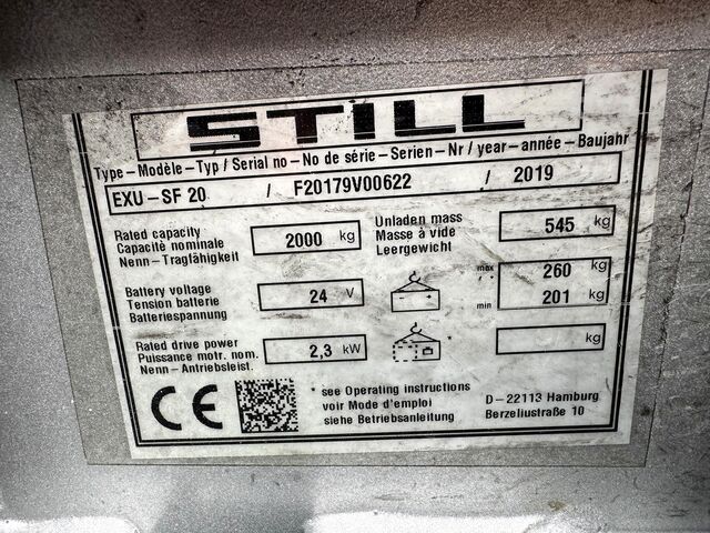 2019, S+UVV inspection valid until 09/2027, Still EXU-SF20 Still EXU-SF20