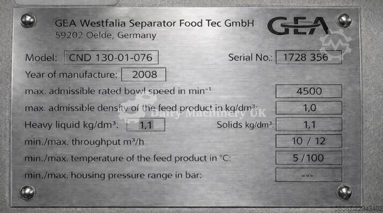 GEA Westfalia CND 130-01-076 Bactofuge GEA CND 130-01-076