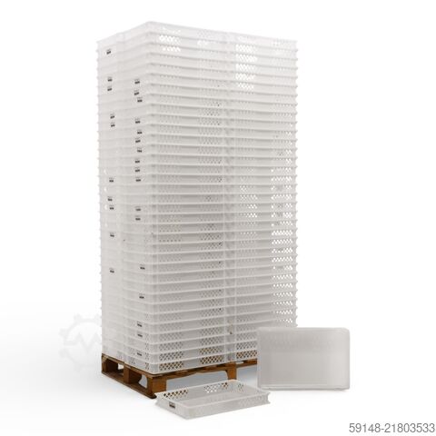 Used Euronorm stacking bins walls perforated / floor closed, L: 600, W: 400, H: 70 (mm). Kruizinga 98-612GB-PAL