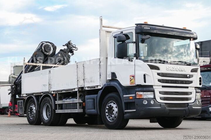 Flatbed truck SCANIA P 400 Pritsche Kran HIAB Funk Lift-/Lenkachse