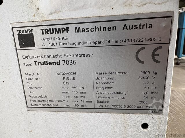 Electromechanical press brake TRUMPF TRUBEND 7036