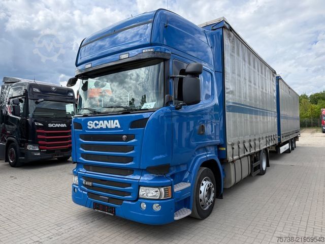 Flatbed truck with tarp SCANIA R410 Pritsche+Plane/Retarder + Anhänger Krone