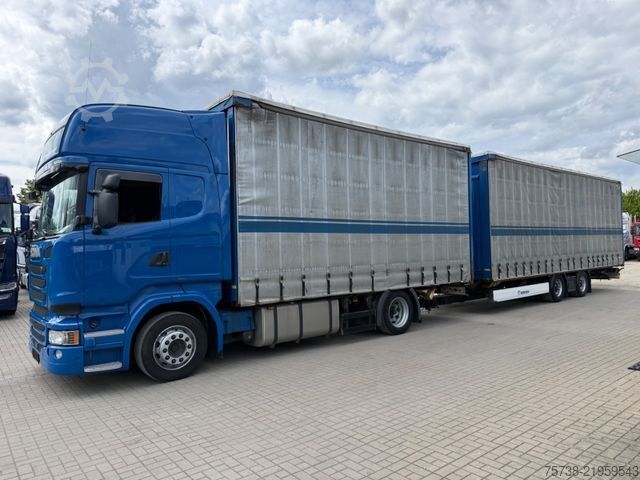 Flatbed truck with tarp SCANIA R410 Pritsche+Plane/Retarder + Anhänger Krone