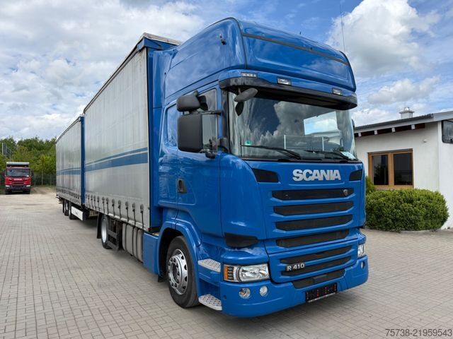 Flatbed truck with tarp SCANIA R410 Pritsche+Plane/Retarder + Anhänger Krone