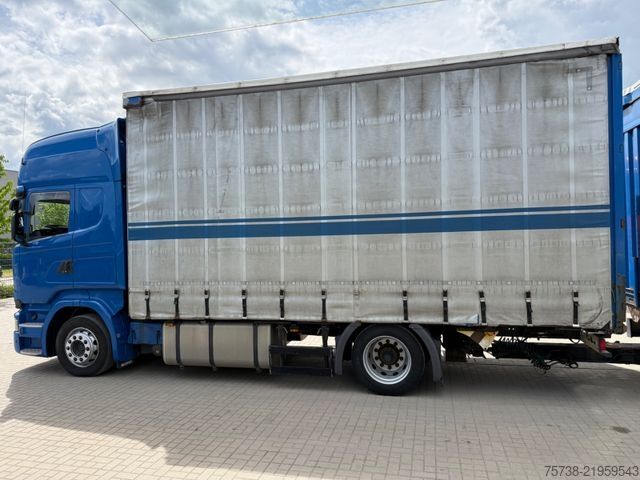 Flatbed truck with tarp SCANIA R410 Pritsche+Plane/Retarder + Anhänger Krone