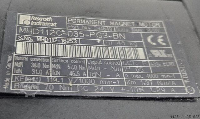 Servomotor 13,3 kW Permanent Magnet Moto Rexroth Indramat MHD112C-035-PG3-BN
