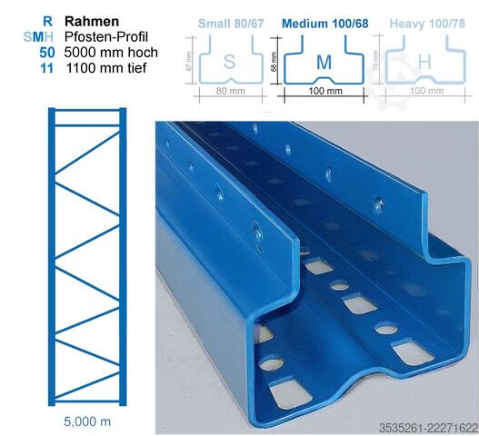 Palettenregal 6 x 13,7 m, 5 m hoch, 30 Rahmen 144 Traversen 3300 Feldbreite, 3,25 t/Eb