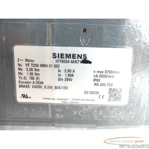 Control unit Siemens 1FT6034-4AK71 Servomotor SN:YFT230998401002 ohne Drehgeber -neuwertig-