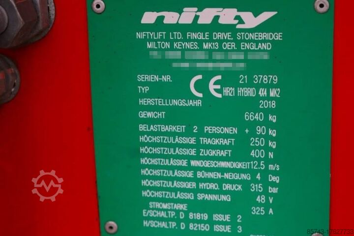 Gelenkteleskoparbeitsbühne Niftylift HR21 HYBRIDE 4x4 Valid Inspection, Hybrid, 4x4 Dri