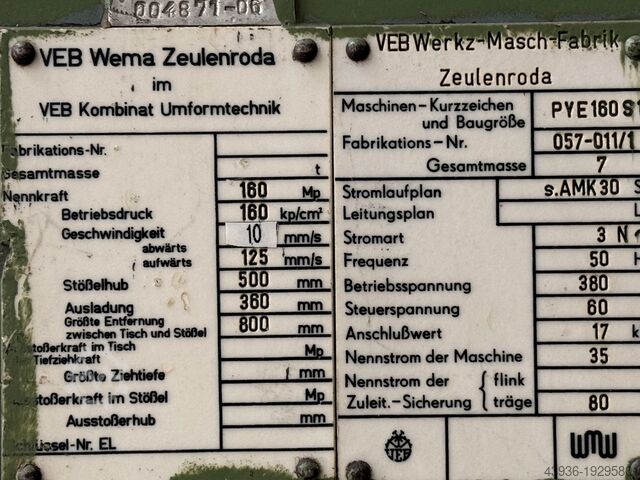 Hydraulische Presse 160 Ton WMW Zeulenroda PYE 160 SS