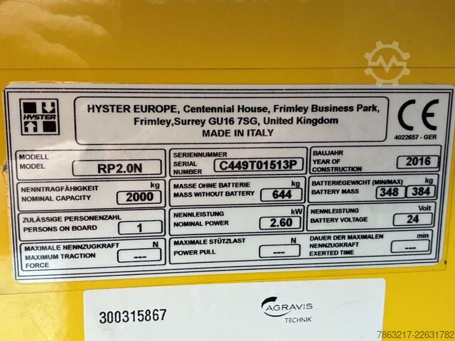 Stacker sit on Hyster RP 2.0N