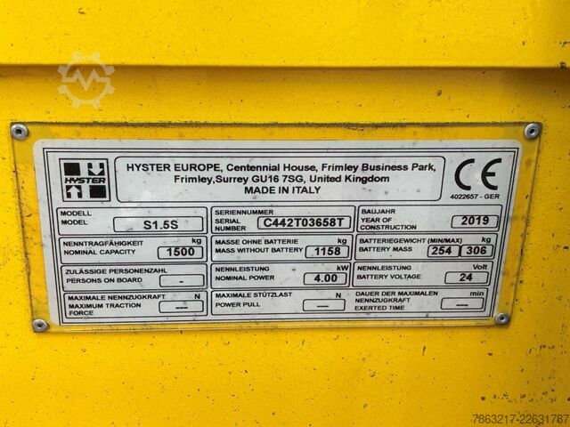 High Lift stacker Hyster S 1.5S