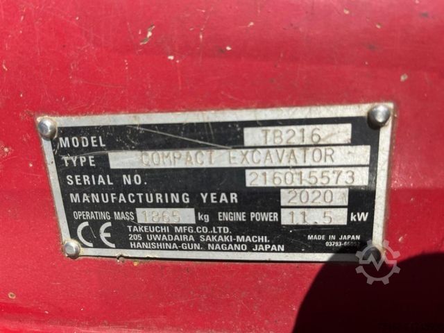 Mini excavator TAKEUCHI TB 216 Minibagger Löffel nur 731h