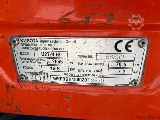 Mini excavator KUBOTA Minibagger U 27 - 4 Minibagger HI Kurzheck 1928h
