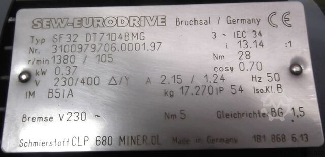 Gear motor 0.37 kW 105 rpm SEW-EURODRIVE SF32 DT71D4BMG