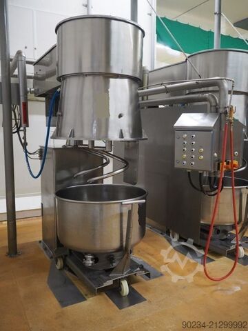 Gebrauchter Edelstahl-Planetenmischer Grieser Modell VPL 350 mit Mischbehältern. GRIESER VPL 350