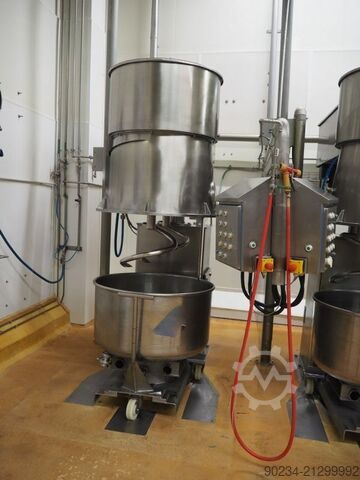 Gebrauchter Edelstahl-Planetenmischer Grieser Modell VPL 350 mit Mischbehältern. GRIESER VPL 350
