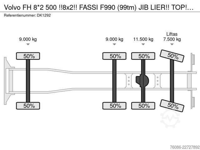 Kranwagen Volvo FH 8*2 500 !!8x2!! FASSI F990 (99tm) JIB LIER!!...